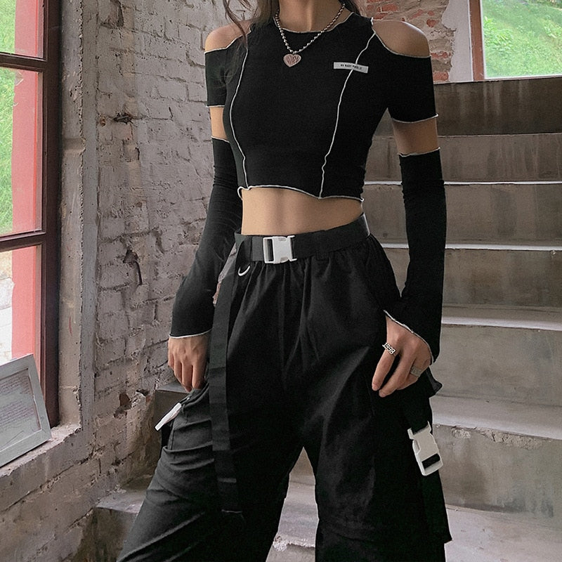 Goth Dark Patchwork Black Crop Top