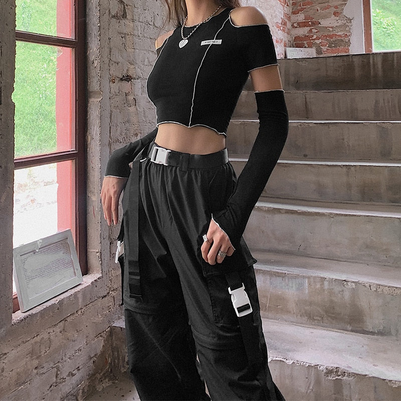 Goth Dark Patchwork Black Crop Top