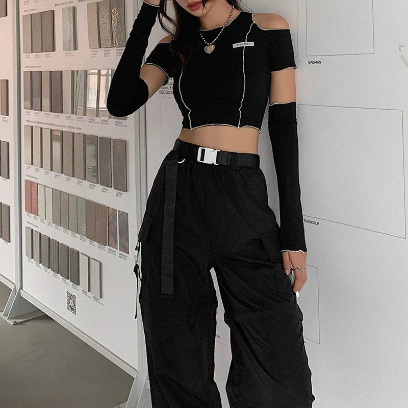 Goth Dark Patchwork Black Crop Top