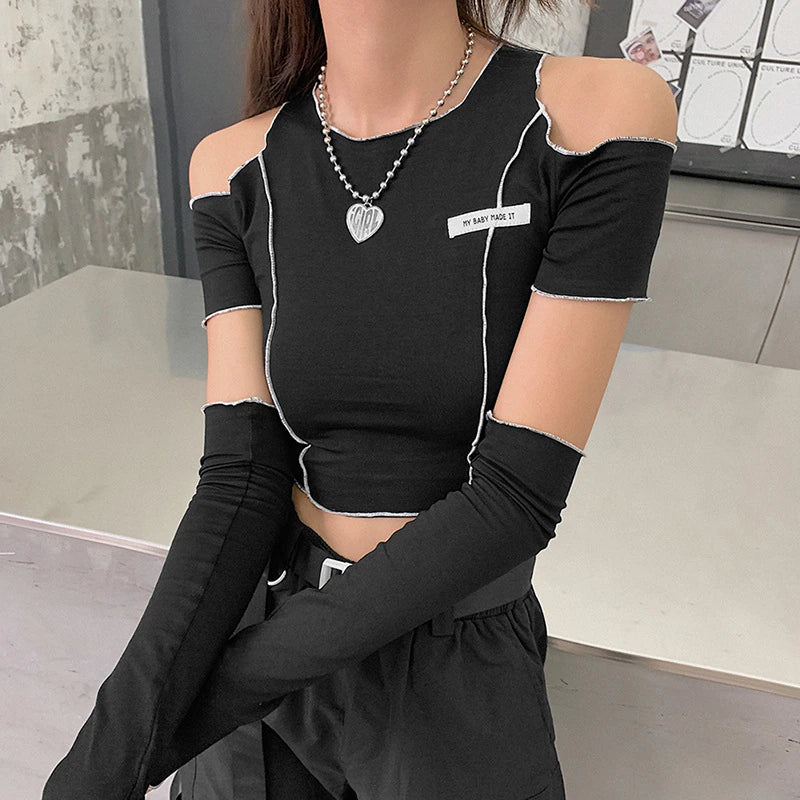 Goth Dark Patchwork Black Crop Top